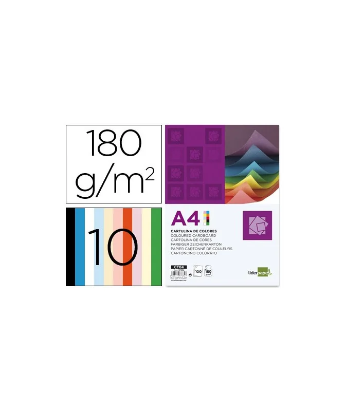 Pack 100 Cartolinas Liderpapel 180g A4 10 Cores Sortidas